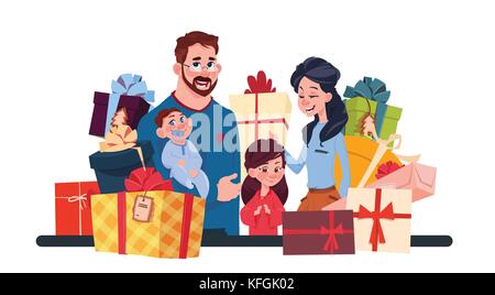 Young Family Together With Present Boxes On White Background, Parents And Children Holding Holiday Gifts Concept Stock Vector
