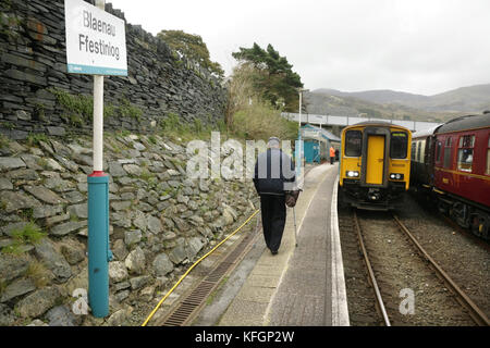 Arriva Trains Wales class 150 diesel multiple unit at Blaenau Ffestiniog station, Wales. Stock Photo