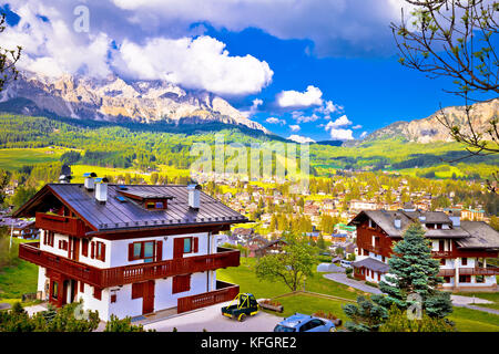 Alpine town of Cortina d' Ampezzo in Dolomites Alps view, Veneto region of Italy Stock Photo