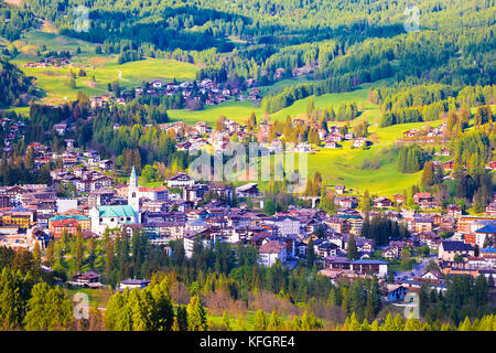 Alpne green landscape of Cortina d' Ampezzo, town in Dolomites Alps, Veneto region of Italy Stock Photo