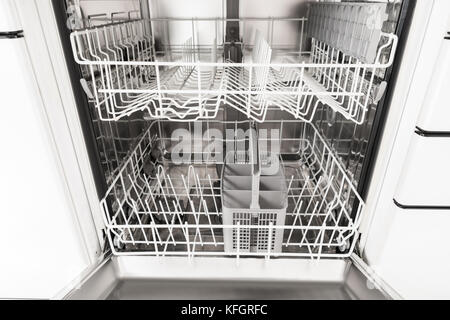 Close-up Photo Of An Empty Opened Dishwasher Stock Photo
