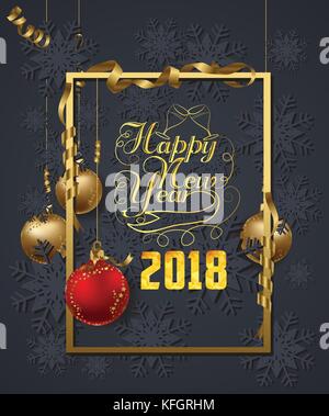 Christmas and new year 2018 wishes on card. Christmas related ornaments objects on color background Stock Vector