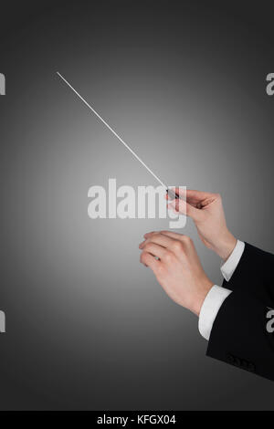 Cropped image of music conductor's hands holding baton over gray background Stock Photo