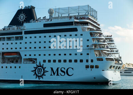 The stern of the MSC Armonia cruise ship in The Grand Harbour, Malta. She has been owned and operated by MSC Cruises since 2004. (91) Stock Photo