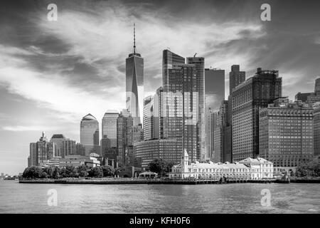 Lower Manhattan viewed from Statue Cruises Stock Photo