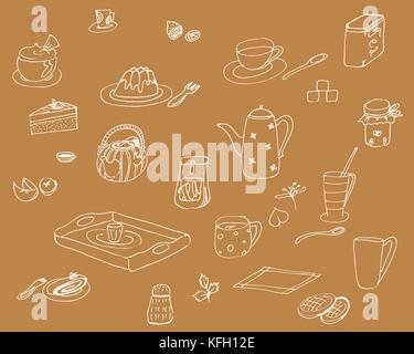 Hand-drawn vector wallpaper of breakfast ingredients and snacks, isolated on a brown background Stock Vector