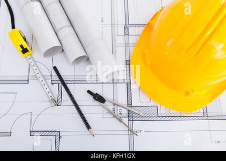 High angle view of tools with hardhat on blueprint Stock Photo