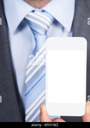 Closeup photo of business man showing smartphone Stock Photo