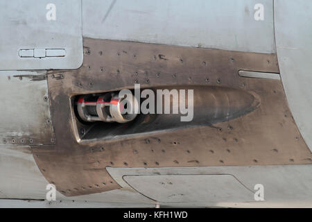 Close-up of a Mauser BK-27 cannon muzzle in the nose of a Royal Air Force Panavia Tornado GR4 strike aircraft Stock Photo