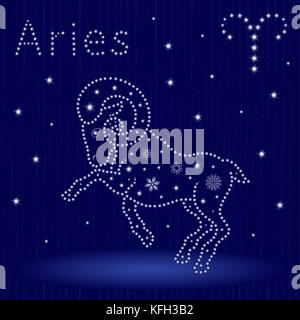 Zodiac sign Aries on a blue starry sky, hand drawn vector illustration in winter motif with stylized stars and snowflakes over seamless background Stock Vector