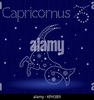 Zodiac sign Capricornus on a blue starry sky, hand drawn vector illustration in winter motif with stylized stars and snowflakes over seamless backgrou Stock Vector