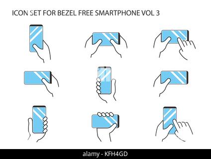 Hand holding modern bezel free smartphone with frameless touchscreen in different variations. Flat design with multiple thin line vector icons. Stock Vector