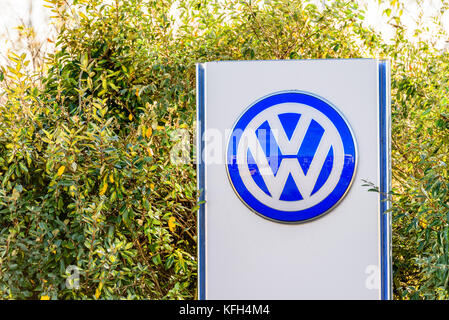 Northampton, UK - Oct 25, 2017: Day view of Volkswagen logo at Riverside Retail Park. Stock Photo