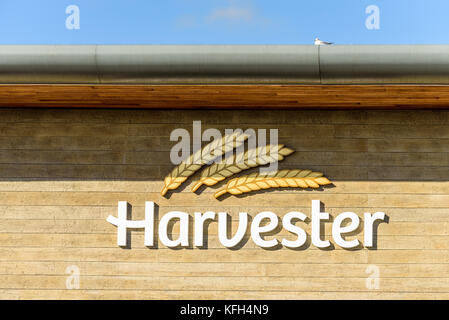 Northampton, UK - Oct 25, 2017: Day view of Harvester logo at Riverside Retail Park. Stock Photo