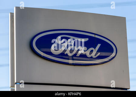 Northampton, UK - Oct 25, 2017: Day view of Ford logo at Riverside Retail Park. Stock Photo