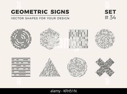 Set of eight minimalistic trendy shapes. Stylish vector logo emblems for Your design. Simple geometric signs collection. Stock Vector
