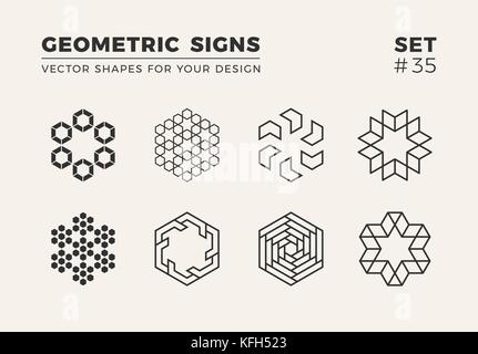 Set of eight minimalistic trendy shapes. Stylish vector logo emblems for Your design. Simple geometric signs collection. Stock Vector