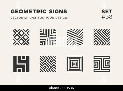 Set of eight minimalistic trendy shapes. Stylish vector logo emblems for Your design. Simple geometric signs collection. Stock Vector