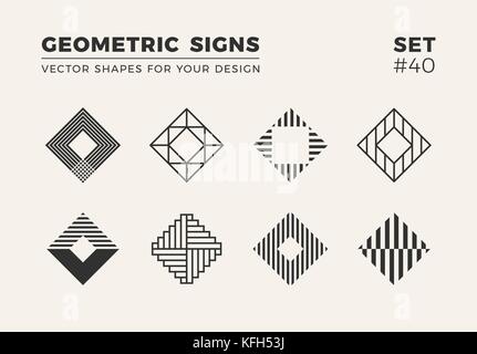 Set of eight minimalistic trendy shapes. Stylish vector logo emblems for Your design. Simple geometric signs collection. Stock Vector