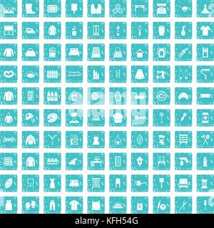 100 needlework icons set grunge blue Stock Vector