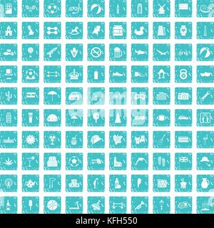 100 ball icons set grunge blue Stock Vector