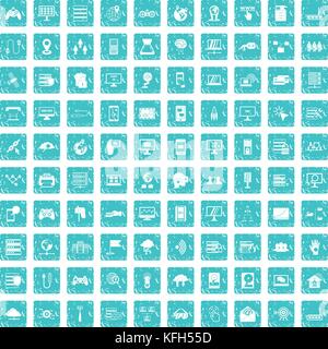 100 network icons set grunge blue Stock Vector