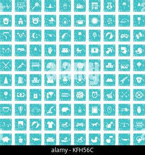 100 nursery icons set grunge blue Stock Vector