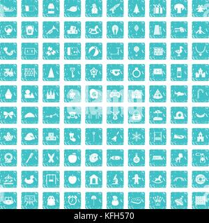 100 nursery school icons set grunge blue Stock Vector