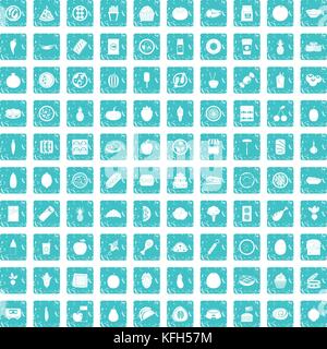 100 nutrition icons set grunge blue Stock Vector
