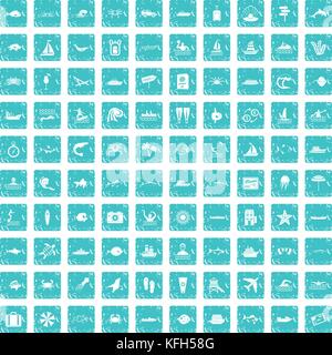100 ocean icons set grunge blue Stock Vector