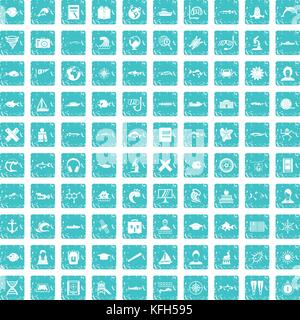 100 oceanologist icons set grunge blue Stock Vector