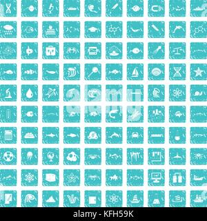 100 oceanology icons set grunge blue Stock Vector