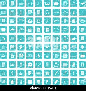 100 office icons set grunge blue Stock Vector