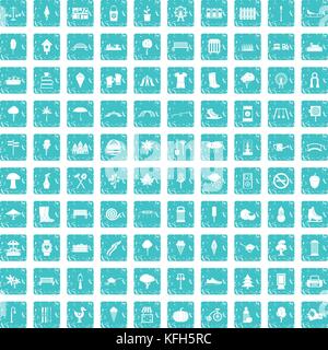 100 park icons set grunge blue Stock Vector