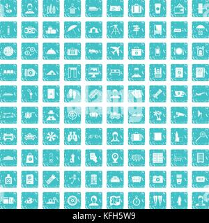 100 passport icons set grunge blue Stock Vector