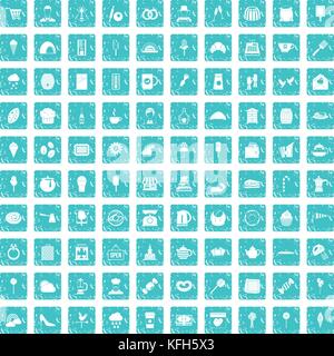 100 patisserie icons set grunge blue Stock Vector