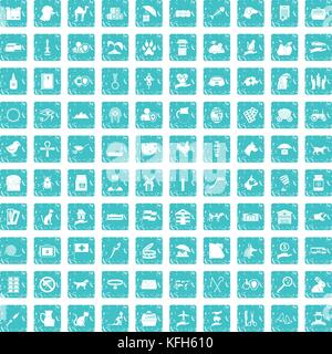 100 pets icons set grunge blue Stock Vector
