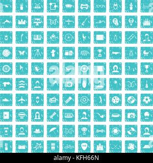100 photo icons set grunge blue Stock Vector