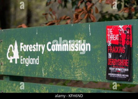 Threat of fracking poster on a Forestry Commision England sign. Stock Photo