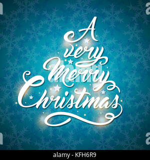 Greeting inscription in the form of a Christmas tree on a blue background. Merry Christmas lettering Stock Photo