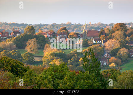 View over village of Burwash in autumn evening light, Burwash, East Sussex, England, United Kingdom, Europe Stock Photo