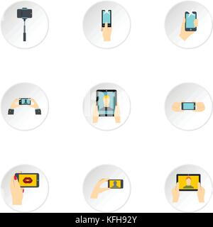 Photo on smartphone icons set, flat style Stock Vector