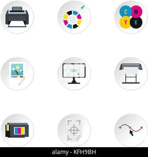 Printer icons set, flat style Stock Vector