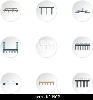 Facility for crossing river icons set, flat style Stock Vector