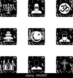 Faith icons set, grunge style Stock Vector
