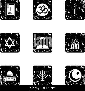 Religion icons set, grunge style Stock Vector