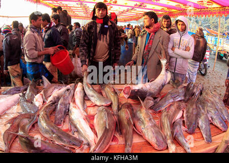 A fish stall at Poradaha Mela near Garidaha River in Gabtali upazila of Bogra district in Bangladesh. The main attractions of this 150-year-old tradit Stock Photo