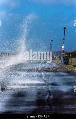 Storm Brian Chalkwell, Southend on Sea, Essex. Crashing waves over the promenade.