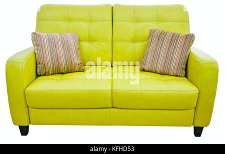 Green lime sofa with pillow. Soft lemon couch. Classic pistachio divan on isolated background Stock Photo