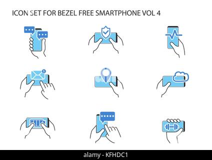 Vector icon set of hand holding frameless smartphone in different positions with app symbols for instant messaging, chat, email, location, maps, cloud Stock Vector